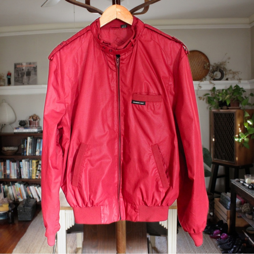 Cherry Red Members Only Jacket with Racer Tag, 80s Vintage, Size S